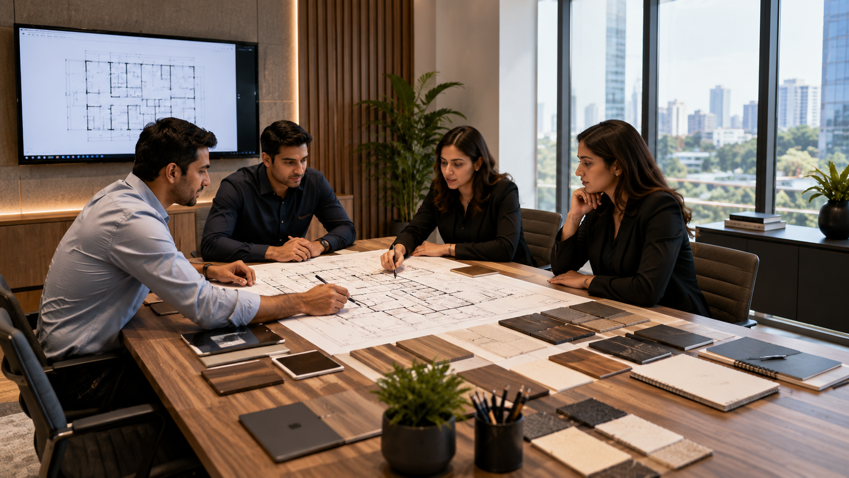 Architects discussing custom boardroom table sizes